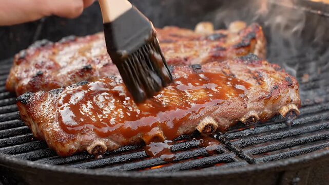 Close-Up of Brushing BBQ Sauce on Grilled Pork Ribs - A close-up shot shows a hand using a brush to generously apply glistening BBQ sauce onto a rack of juicy grilled pork ribs.