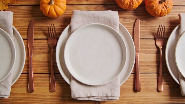 Top view of an elegant autumn Thanksgiving table setting with white plates, copper cutlery, and pumpkins on a rustic wooden background.