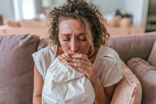 Distressed woman breathing into a paper bag on a sofa, showing a visible panic attack moment for mental health and anxiety concept content