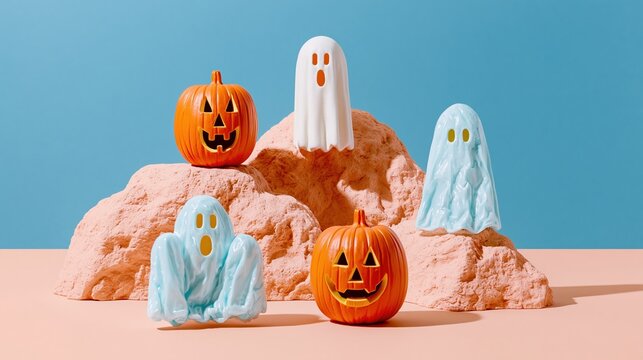 Stylized Halloween pumpkins and ghosts arranged on textured rock formations with a glowing contemporary mood for festive brand advertising