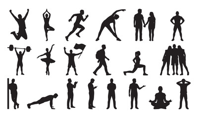 Fototapeta premium Various human silhouettes performing sports and daily activities on a clean white background.