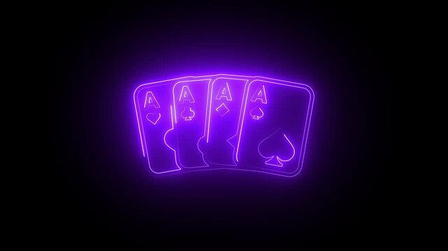 Neon purple four aces playing cards glowing animation on black background