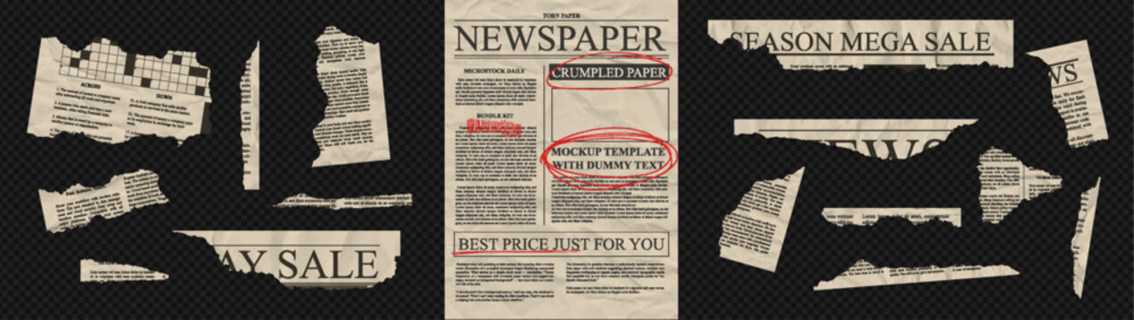 Torn newspaper note pieces set vintage texture jagged rip edge. Ripped page for collage news scrapbook bundle kit. Crumpled sheet dummy text template with red pen oval scribble underline.