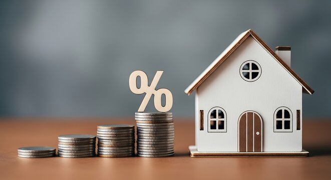 Miniature house with stacks of coins and a wooden percentage symbol home model