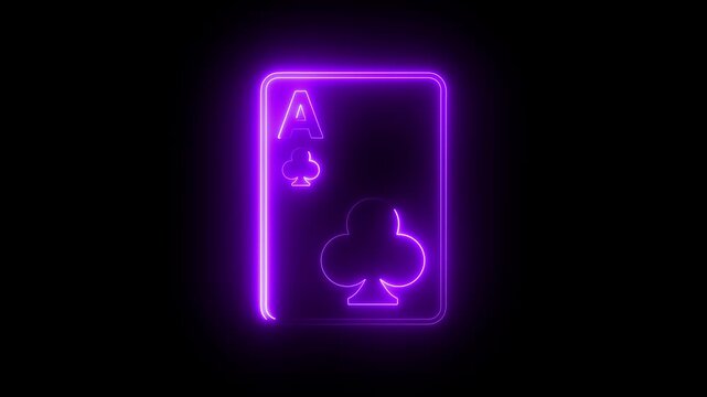 Neon purple ace of clubs playing card glowing animation on black background