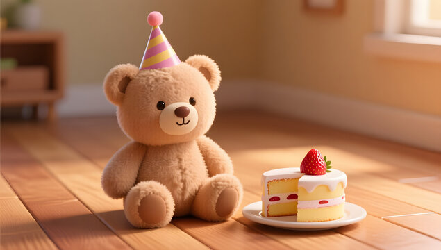 Plush bear and strawberry cake on wooden floor for Children's Day