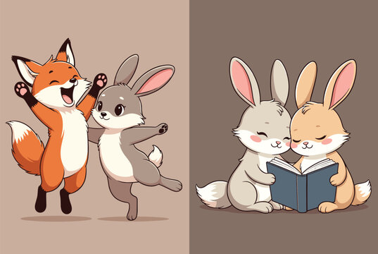 Two panel illustration featuring a fox and rabbit dancing together and two bunnies sharing a storybook while sitting.