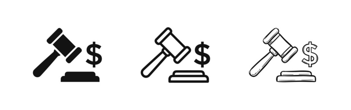 Law and finance icon set featuring gavel and dollar sign for legal fees or auction concepts
