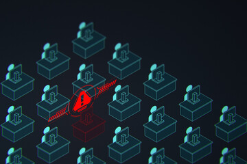 Isometric illustration of office workstations with a red security warning alert on one computer, representing an insider threat or cybersecurity breach. © Suppachok N