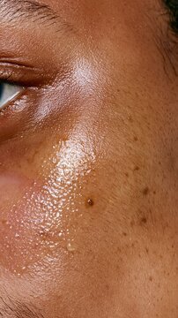 Extreme close up of dewy skin on a cheekbone shows real texture, visible pores, and damp serum reflections for skincare or dermatology campaigns