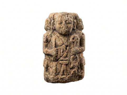Ancient stone carving of a multi-headed deity or figure holding objects, isolated on white background
