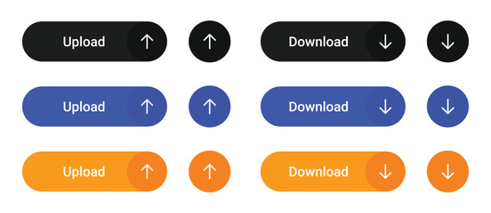 Upload and download action buttons with rounded ends and arrow isolated on transparent background © Moin