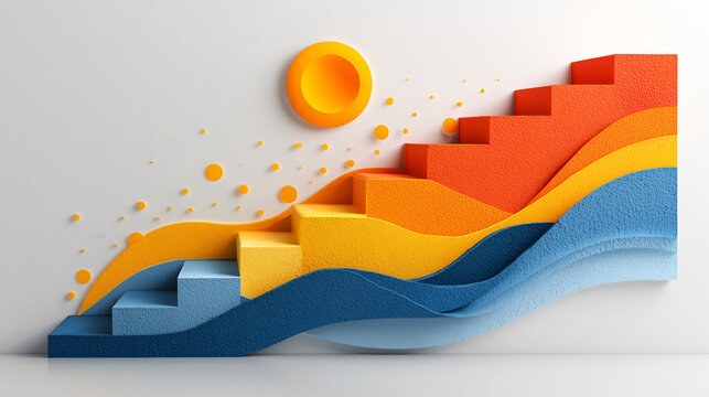 Colorful abstract staircase with rising geometric steps and wave gradient shapes, accented by sun and dots, symbolizing path to success