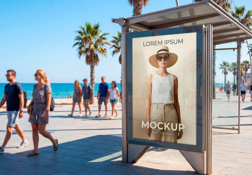 Bus stop billboard mockup on sunny beach promenade
