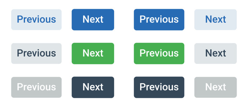 Collection of previous and next navigation buttons in various isolated on transparent background