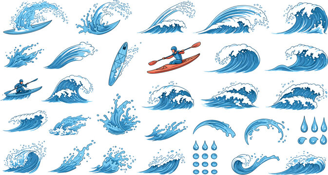 Ocean Wave and Water Splash Vector Collection with Surfing, Kayaking, Dynamic Sea Motion and Aquatic Energy Elements for Sports and Nature Design