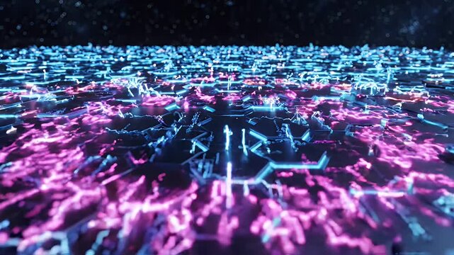 Futuristic Hexagon Grid With Glowing Neon Edges - A dynamic abstract scene featuring a futuristic hexagon grid with glowing neon edges in vibrant pink and blue hues.