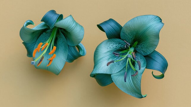 Two teal lily flowers in full bloom with smooth recurved petals and golden stamens on an olive background for mourning and memorial display