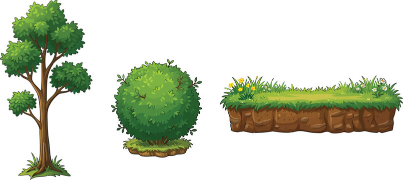 Cartoon nature assets set with tree bush and grassy ground platform for 2D game design vector illustration
