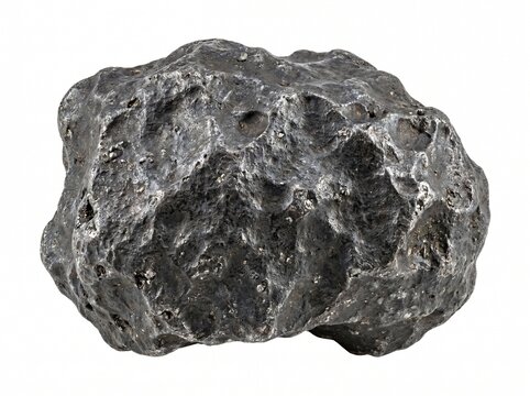 A rough textured metallic meteorite with impact craters and a rugged surface isolated on a white background