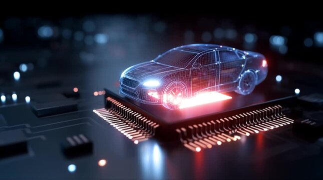 High-tech autonomous driving processor macro shot with glowing data pathways (AI Generated)