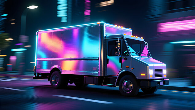 Neon city logistics express truck speeding on 618 Sale