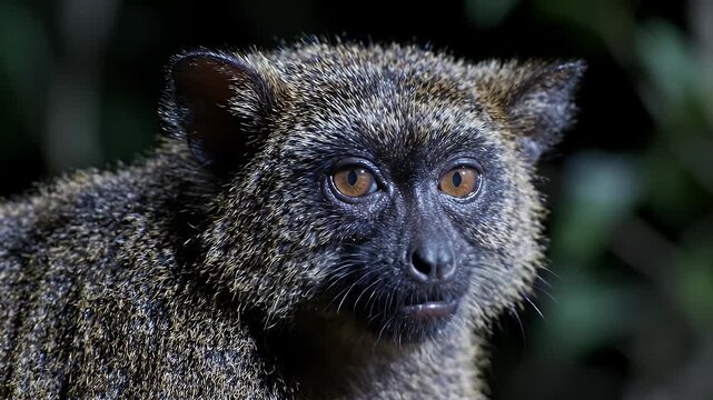 Extreme Close Up Portrait of a Greater Galago Bushbaby - An extreme close-up portrait captures the detailed features of a brown greater galago, also known as a thick-tailed bushbaby.