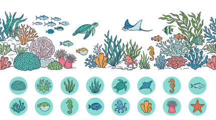 Underwater Sea Life Border with Corals, Fish, Turtle, Stingray and Seahorse © Aziz