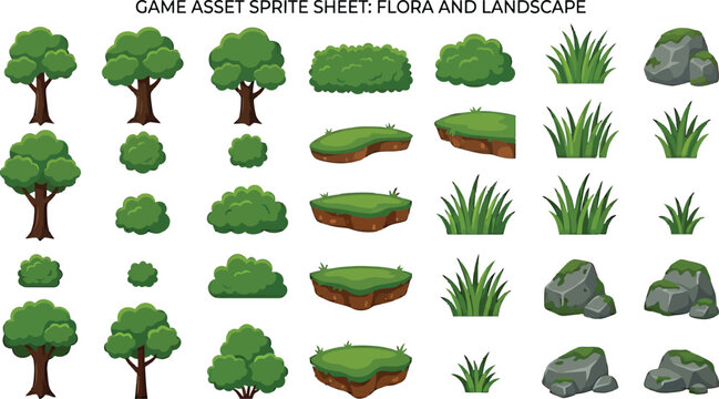 Game asset sprite sheet featuring trees, bushes, grass, rocks, and floating land platforms for 2D environment design