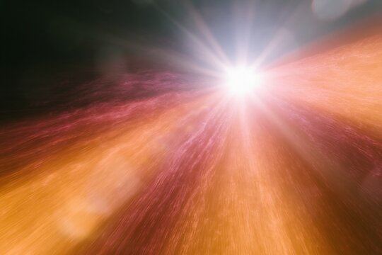 Abstract radial light pattern with glowing violet and orange wave lines radiating from a central sunburst for technology and digital art projects