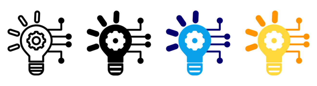 Technology icon set with a gear inside light bulb symbol used to denote innovation, creativity, and development.