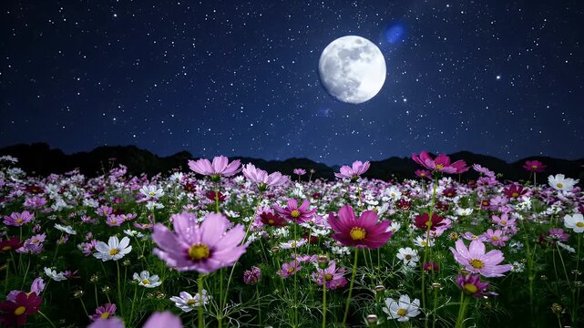 Full Moon Shines on Cosmos Field at Night - A field of vibrant cosmos flowers in full bloom glows under the light of a full moon and a star-filled night sky.