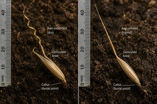 Wild Oat Seed Hygroscopic Awn Movement &mdash; Avena fatua Geochory Weed Sequence macro of Avena fatua floret with hygroscopic awn twisting as humidity changes, demonstrating its self-burial mechanism.