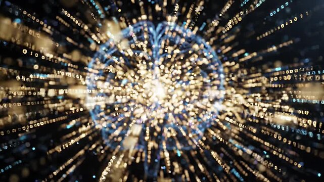 Futuristic Digital Brain Data Flow - Abstract visualization of a futuristic digital brain with glowing streams of binary code and data flowing outwards.