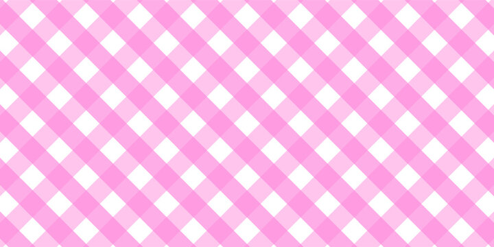 Pink and white gingham checkered pattern background, classic seamless table cloth texture, vector geometric plaid fabric design for kitchen, picnic, and fashion backdrop.
