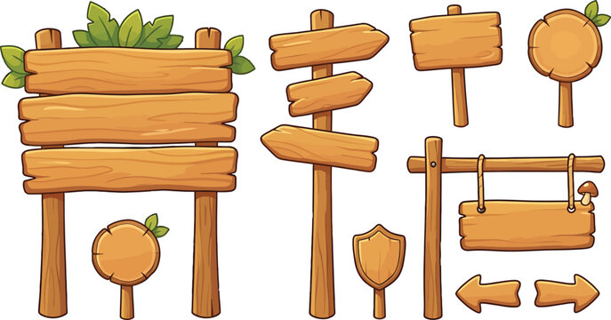 Set of wooden signboards and directional arrows for game UI design, isolated vector illustration on white background