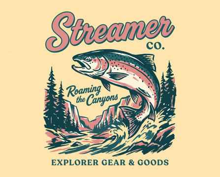 Vintage trout fishing illustration. Retro outdoor adventure graphic. Mountain river canyon landscape. Fly fishing badge design.