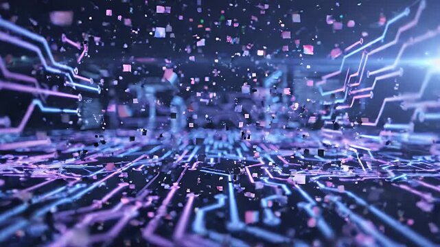 Digital Glitch Transition Effect with Cubic Particles - Abstract digital background featuring a vibrant explosion of fragmented cubic particles in a glitch transition effect.