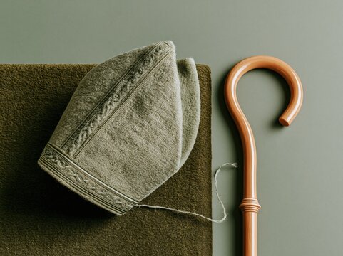 Traditional sage green bishops mitre with embroidery and a warm honey gold staff as Sinterklaas symbols for Dutch cultural heritage holiday decor