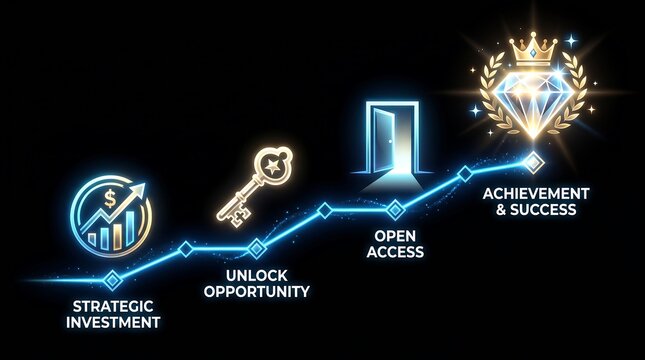 Business growth roadmap infographic with glowing icons representing strategic investment unlocking opportunities open access