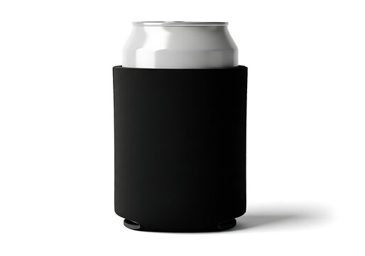 A black foam beer can cooler sleeve holding a cold metal soda aluminum drink can for branding and design mockups. koozie mockup