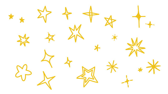 Transparent collection of golden yellow hand-drawn doodle stars and sparkles, perfect for festive designs, celebrations, and magical themes.