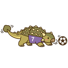 Fototapeta premium Cute transparent ankylosaurus soccer player character illustration, kawaii cartoon frilled dinosaur dribbling football purple jersey, vector mascot asset baby kids apparel stationery print design png
