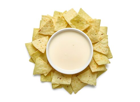 A professional top-down food shot featuring a central white bowl of creamy white queso dip surrounded by crispy tortilla chips on a plain white background, perfect for advertising or editorial use.
