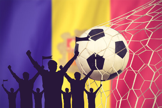 Silhouettes Of Soccer Fans With Flag Of Andorra.Cheer Concept Vintage Color