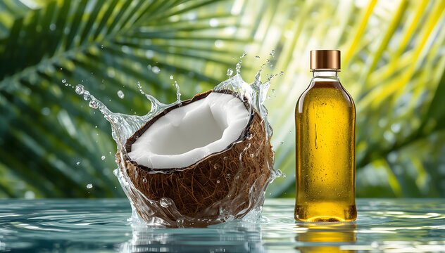 Cracked Coconut with Water Splash and Oil Bottle on Tropical Background
