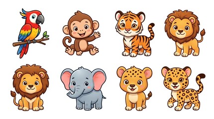 Cute collection of diverse wild jungle animals illustrated in a bright and friendly cartoon art style © saim