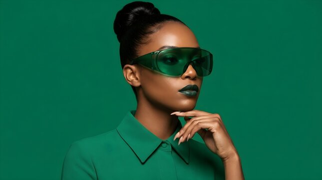 Sophisticated woman with dark hair wearing stylish green glasses and matching lipstick on vibrant background