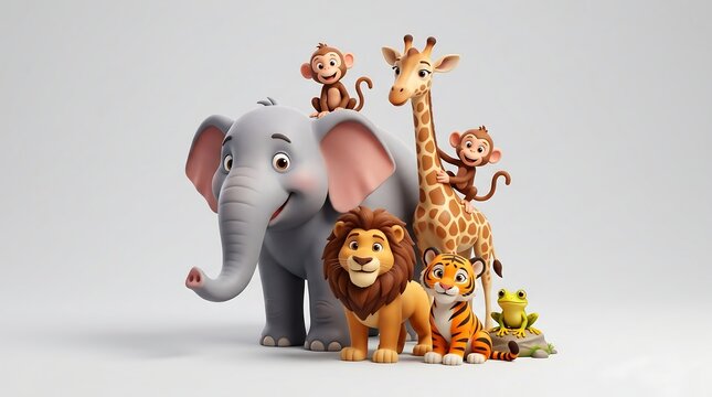 Cute cartoon wild animals grouped together in a friendly pose on a plain white background