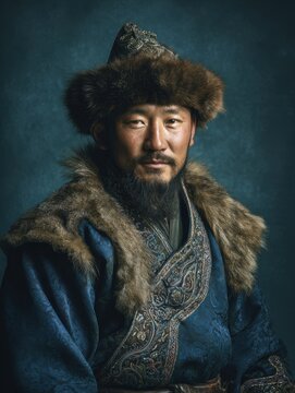 Mongolian man wearing traditional deel robe in studio portrait setting